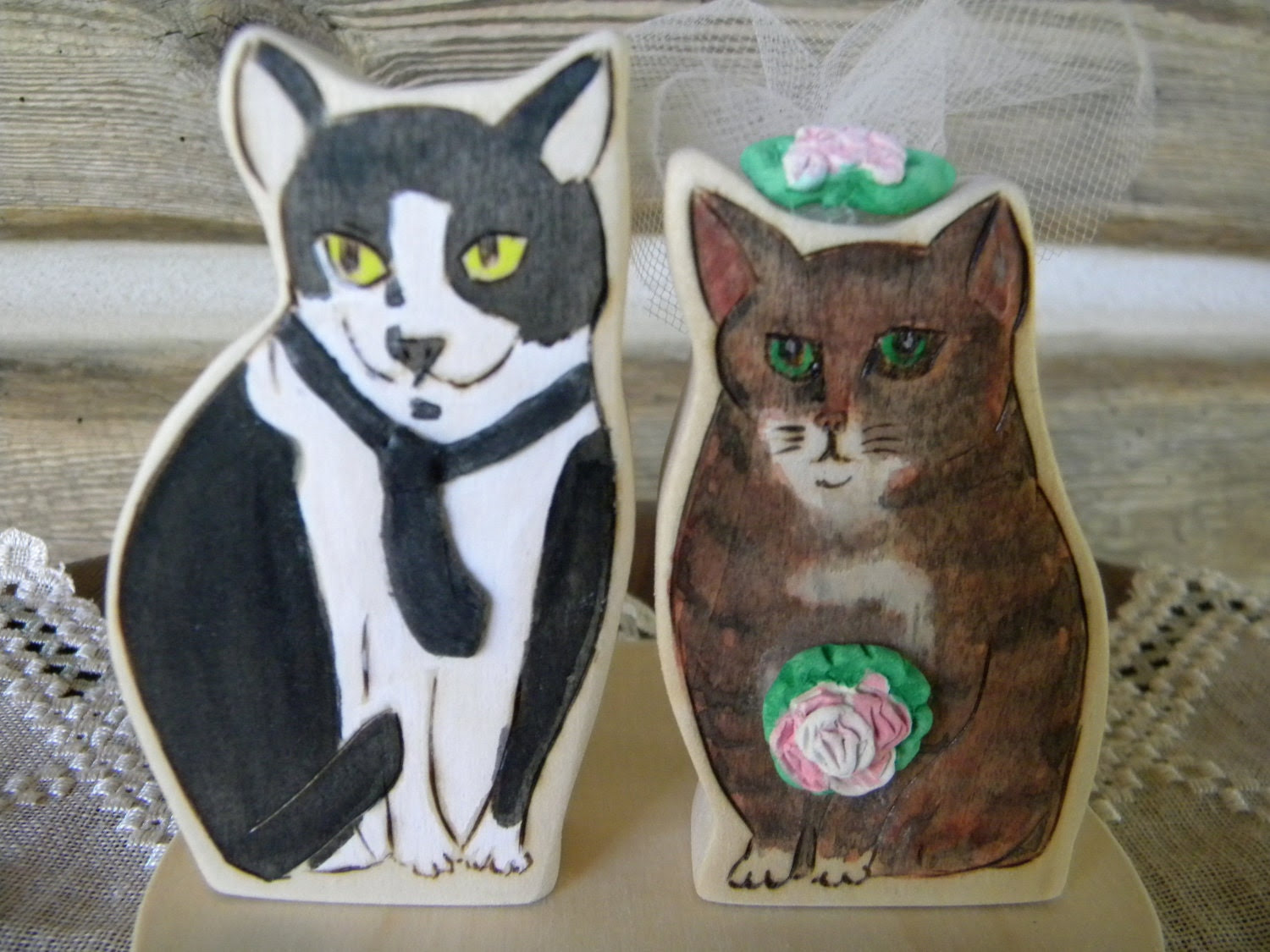 Wood  Cats Portrait Wedding Fun Cake Topper Looks like YOUR Kittys