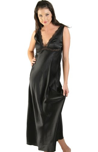 Del+Rossa+Classic+Long+Silk+Nightgown+with+Lace+Trim+Black+S+%28A0761BLKSM%29