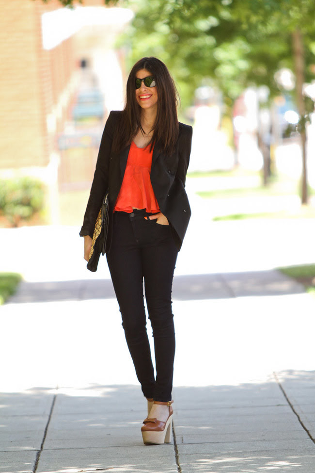 Neon Orange Fashion, Black Orchid Skinny Jeans, Black Blazer, Marc Jacobs Gold Watch, Leopard Print Clutch bag, Opening Ceremony Chloe Sevigny Mary Janes