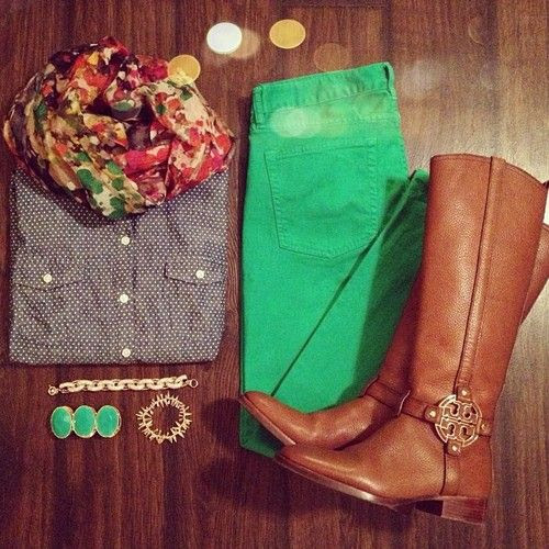 colored jeans, boots and chambray