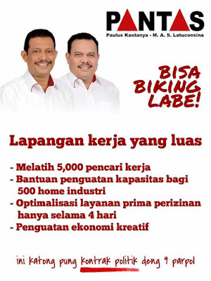 Ambon, Malukupost - Pasangan calon Wali Kota - Wakil Wali Kota Ambon, Paulus Kastanya - Muhammad Armyn Syarif Latuconsina dengan jargon "PANTAS" mengatakan penataan kawasan kumuh menjadi salah satu program prioritasnya bila memenangi pilkada. "Penataan kawasan kumuh merupakan salah satu program prioritas 'PANTAS' bila berkenan diberkati Tuhan Yang Maha Kuasa memenangkan Pilkada Kota Ambon pada 15 Februari 2016," kata Paulus, di Ambon, Rabu (2/11). Dia menjelaskan, tim pemenangan "PANTAS" telah mengambil data dari Satuan Kerja Perangkat Daerah (SKPD) teknis, baik di Pemkot Ambon maupun Pemprov Maluku tentang kawasan kumuh yang perlu dibenahi. "Kalau tidak salah di kota Ambon terdapat 15 kawasan kumuh yang membutuhkan penataan sehingga tercipta permukiman layak huni," ujar Paulus. Dia menjelaskan, penataan kawasan kumuh ini merespon program pemerintah pusat yang bertujuan seluruh kota di Tanah Air bebas dari kawasan kumuh pada 2019, termasuk air bersih serta drainase, limbah dan sampah (sanitasi). "Ini bukan janji, tetapi program yang benar - benar dikaji tim pemenangan agar pro rakyat dengan dukungan sembilan partai politik (Parpol) pengusung dengan keterwakilan sebanyak 25 dari 35 anggota DPRD kota Ambon," kata Paulus. Pasangan dengan tagline "Bisa Biking Labe" itu juga memandang perlu menata kawasan - kawasan rawan bencana, terutama saat musim hujan yang mengakibatkan banjir maupun tanah longsor. "Kami tidak menginginkan adanya korban saat terjadi musim hujan di Kota Ambon yang karena tanah longsor dan banjir mengakibatkan warga meninggal serta kerusakan rumah, fasilitas umum maupun sosial," kata Paulus. Pasangan "PANTAS" mengikuti Pilkada dengan visi "Ambon berkeadaban, berdaya saing, sejahtera berbasis kearifan lokal yang berkeadilan dan didukung partisipasi masyarakat secara berkelanjutan". Sedangkan, program kerja pasangan calon nomor urut dua tersebut diantaranya pelatihan bagi 5.000 pencari kerja, penguatan kapasitas untuk 500 industri rumah tangga optimalisasi pelayanan prima perizinan hanya selama empat hari dan penguatan ekonomi kreatif. Kedua, pemberian beasiswa bagi 1.000 pelajar/mahasiswa, penguatan kapasitas TPQ (Islam), sekolah minggu (Kristen Protestan) dan Sekami (Katholik), pelayanan prima Puskesmas 24 jam di lima kecamatan, pelayanan kesehatan reproduksi bagi anak maupun remaja perempuan serta vitsum et repertum gratis untuk korban kekerasan dalam rumah tangga (KDRT).