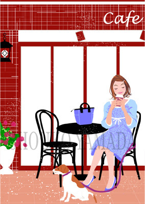 若い女性のイラスト人物画像素材 犬のお散歩 春 秋 カフェ 癒し系 可愛い イラストレーター 山田聖子 Shouko Yamada