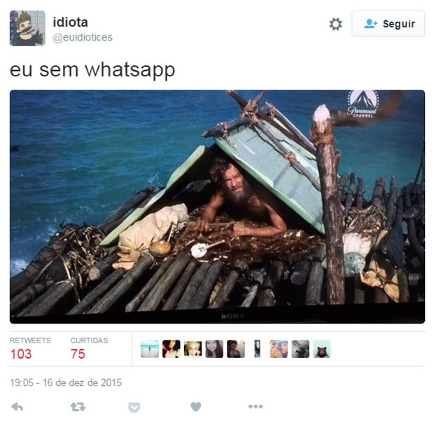 Usuário virou 'O náufrago' de Tom Hanks após notícia do bloqueio do WhatsApp no Brasil (Foto: Reprodução/Twitter/@euidiotices)