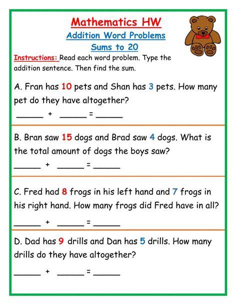 Free printable worksheets for preschool and kindergarten. addition word problems sums to 20 hw worksheet