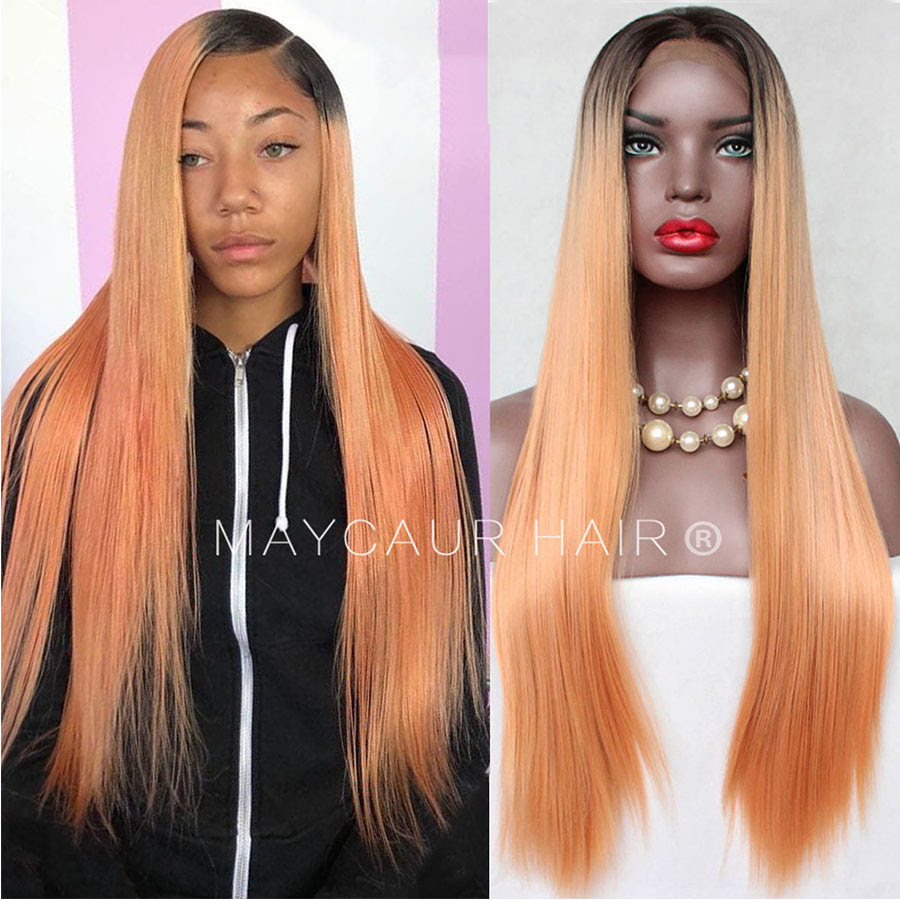 Black Orange Color Synthetic Lace Front Wigs Long Natural Straight Synthetic Hair For Women Maycaur