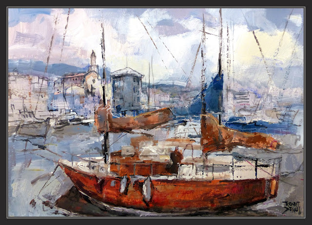 EL MASNOU-PINTURA-PORT-PAISATGES-PORTS-MARESME-BARCELONA-CATALUNYA-MARINA-BARQUES-QUADRES-PINTOR-ERNEST DESCALS-