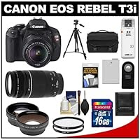 Canon EOS Rebel T3i Digital SLR Camera Body & EF-S 18-55mm IS II Lens with 75-300mm III Lens + 16GB Card + .45x Wide Angle & 2x Telephoto Lenses + Battery + Remote + Filters + Tripod + Accessory Kit