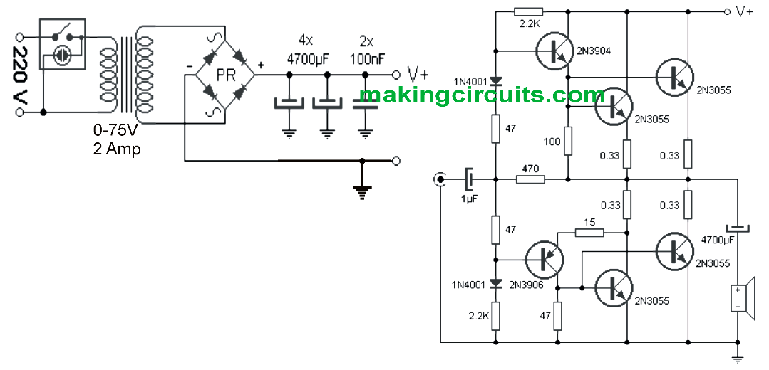 Simple 100 Watt Amplifier Circuit using 2N3055 Transistors Simple 100 Watt Amplifier Circuit using 2N3055 Transistors