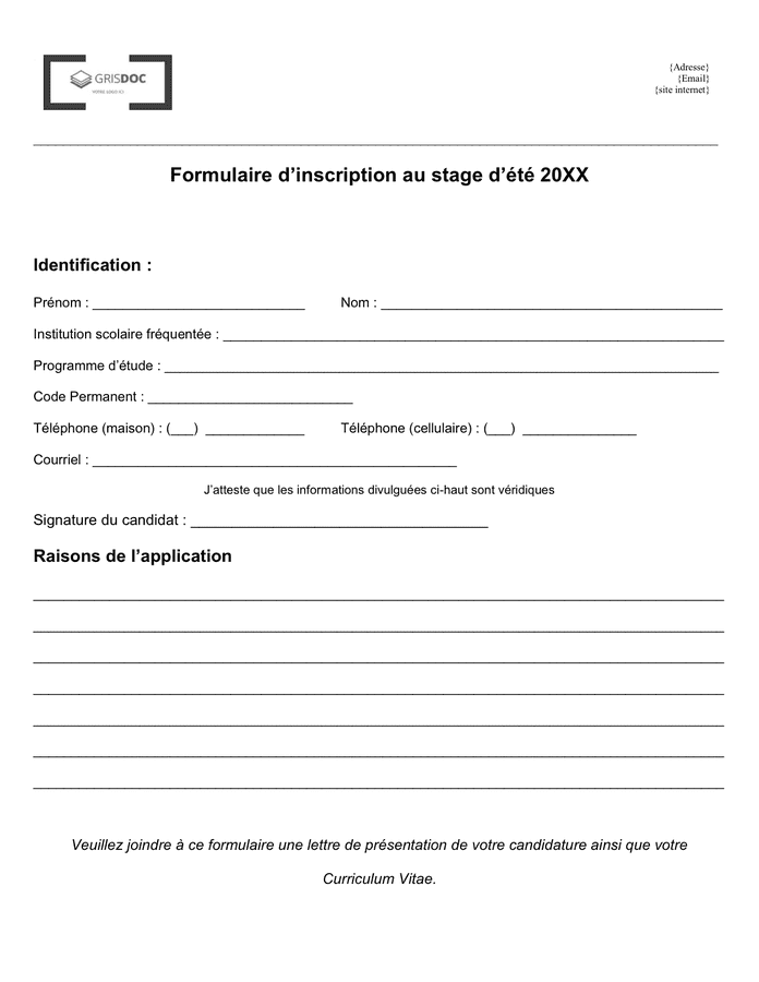 Formulaire d’inscription au stage - DOC, PDF - page 1 sur 1