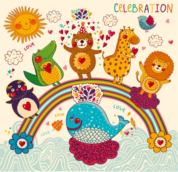 素材 虹を渡る手書きの動物たち Handpainted Cartoon Animals Pattern