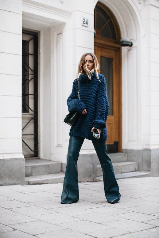 Le Fashion Blog Blue Knitted Sweater Teal Leather Pants Black Purse Via Lisa Place 