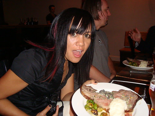 Caroline reacting to face-sized steak