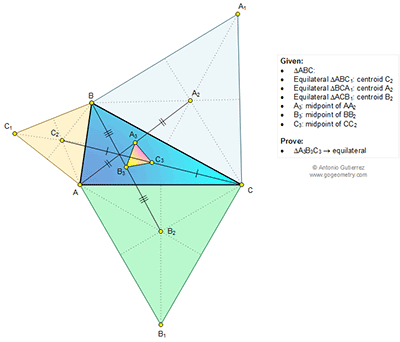 Online Math: Geometry Problem 1125: Triangle, Four Equilateral Triangles, Centroid, Midpoint.
