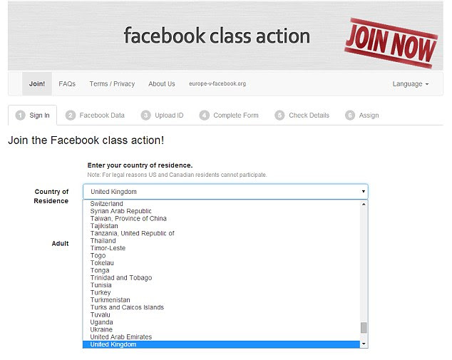 The lawsuit is being taken in the Commercial Court in Vienna against the Irish subsidiary of the New York-listed web giant. Therefore, it only applies to users who have a contract with Facebook Ireland and is not available to users in the US and Canada. Angered members can sign up using an app on fbclaim.com (pictured)