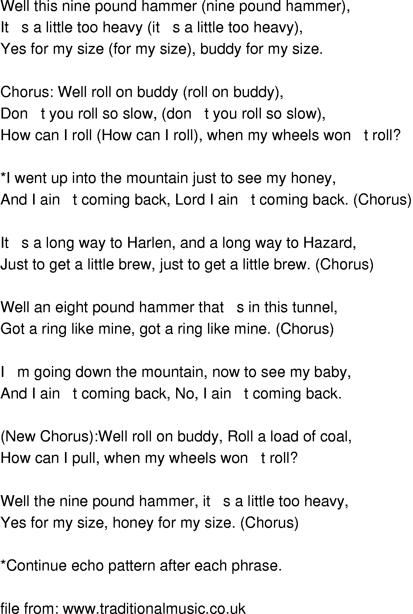 Old Time Song Lyrics Nine Pound Hammer