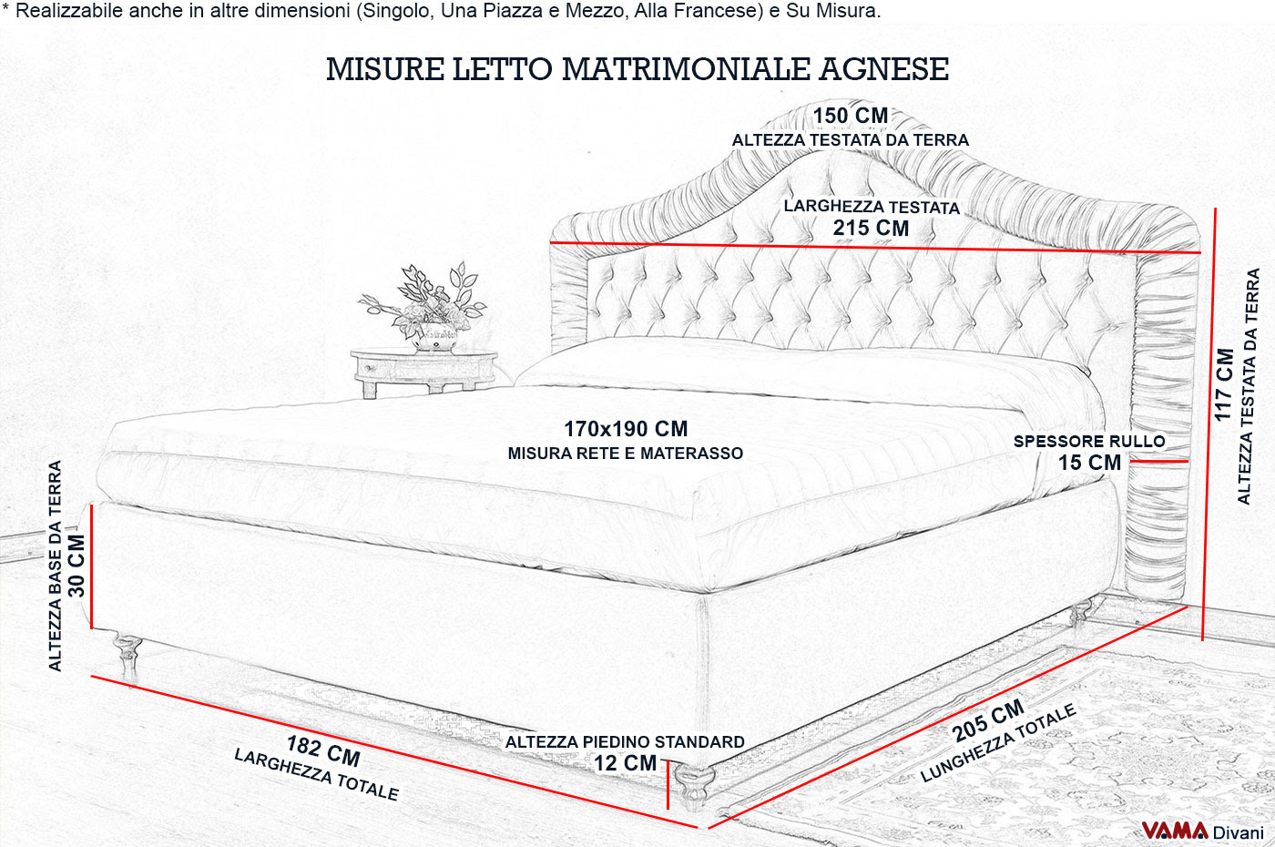 Letto Matrimoniale Classico in Velluto con rullo a pieghe ...