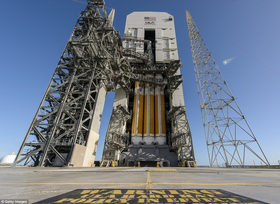 Heavy lifting: The United Launch Alliance Delta IV Heavy rocket carrying Orion burned through 450,000 gallons of hydrogen and oxygen fuel in order to produce the two million pounds of thrust needed to lift the 815 ton space rocket out of Earth's atmosphere