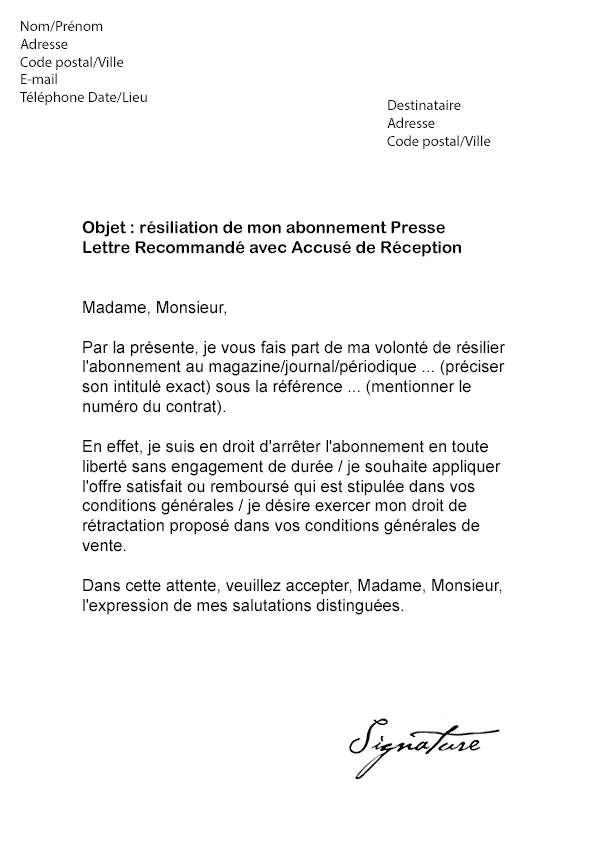 Lettre de résiliation Abonnement Presse (Magazine / Journal)