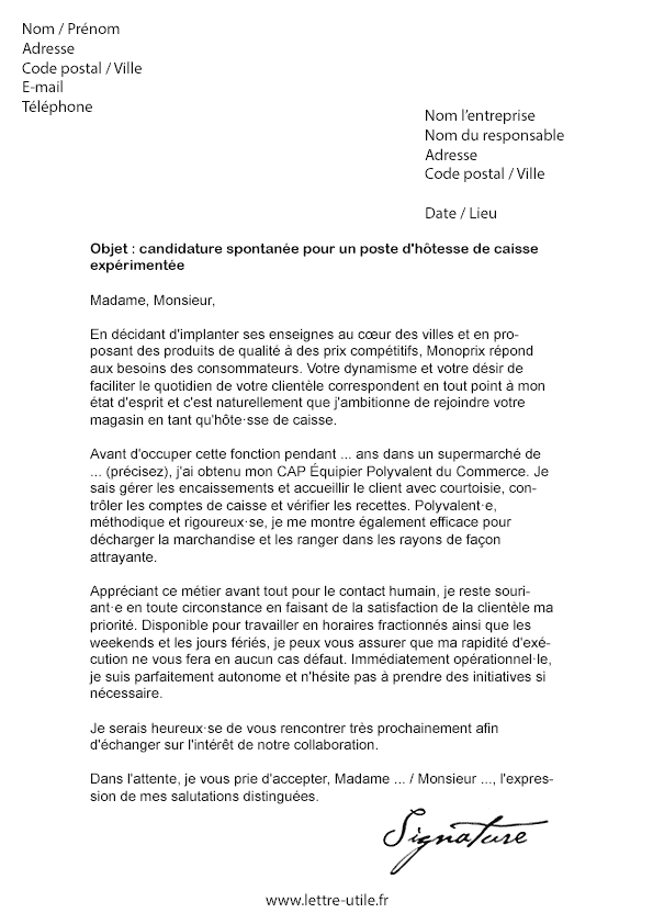 Modele lettre de motivation hotesse de caisse temps partiel