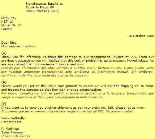 Idiomas empresa: Carta de contestación a queja 