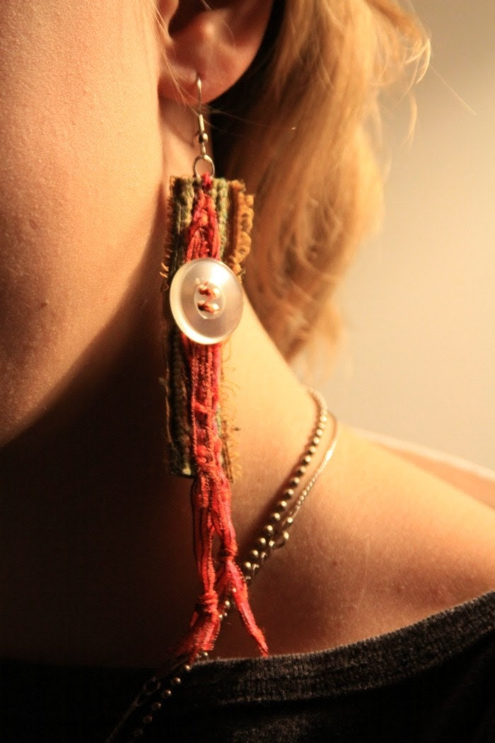 Fabric Earrings (Red-Orange/Fuchsia Yarn and White Buttons) Free Shipping