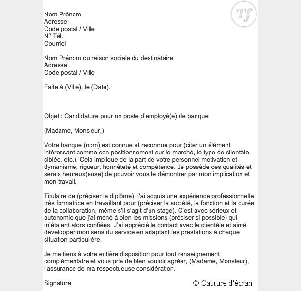 Lettre motivation banque job ete - Modele de lettre type
