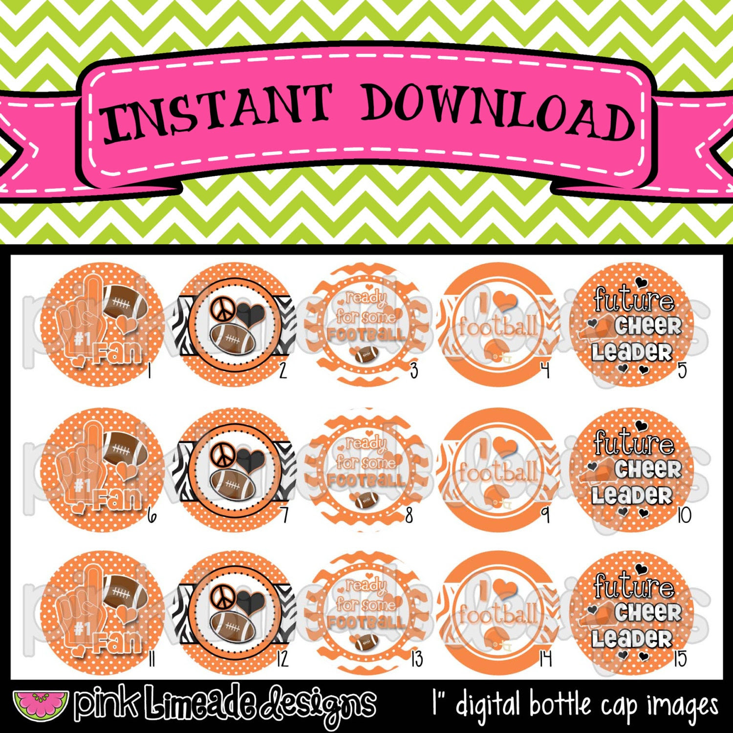 Peace Love & Football - cute girly football images in White and Orange - INSTANT DOWNLOAD 1" Bottle Cap Images 4x6 - 240