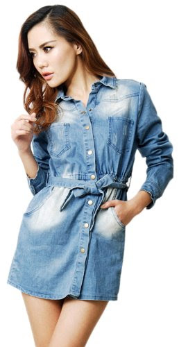 Chendvol Individual Cut-off Band Collar Distressed Denim Shift Dress for Women (One Szie, Blue)