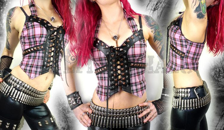 Pink Tartan Studded Lace up Bustier Top