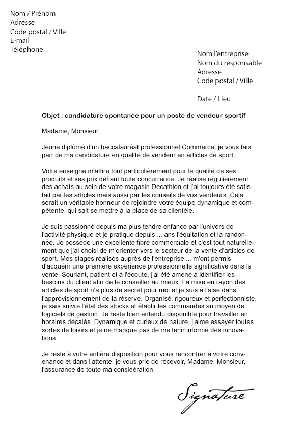 Lettre de motivation Decathlon (Vendeur) - Modèle de Lettre