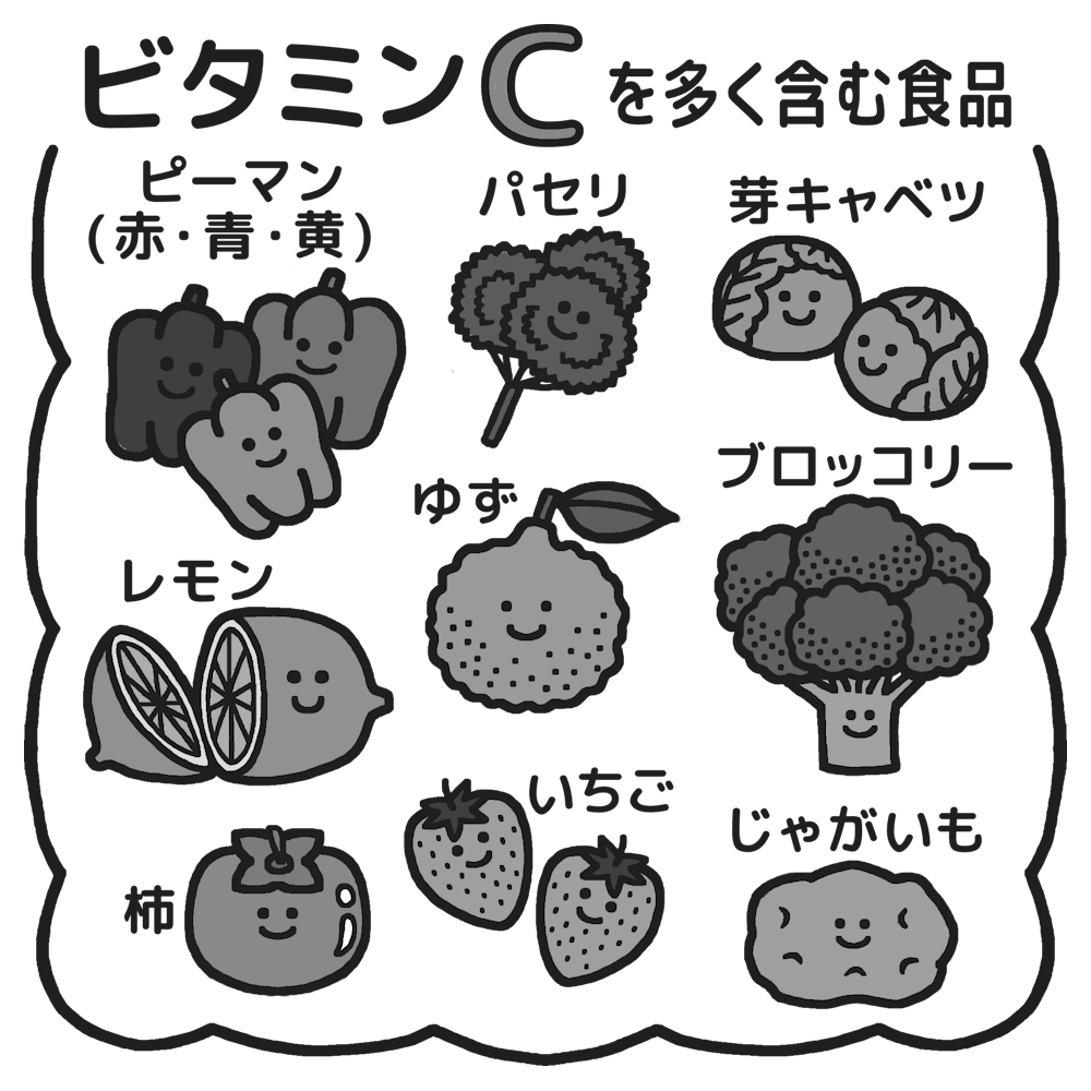 ビタミンcを多く含む食品 モノクロ 給食の無料イラスト 生活 学校素材