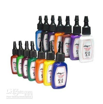  of 1/2 oz professional kuro sumi tattoo inks: Deep yellow. Sky blue forest green tomato red lavender dark red brown madder vilent violet agent orange