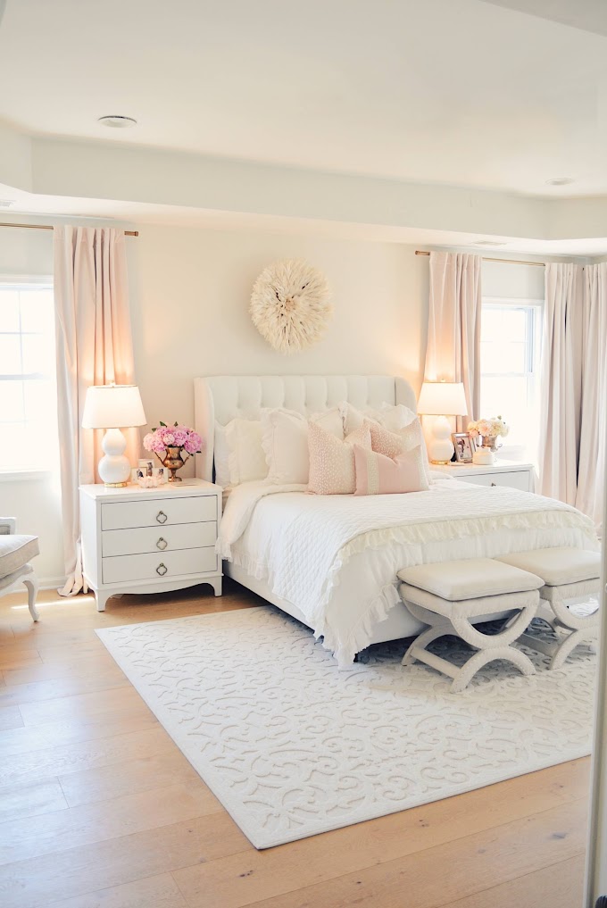 Striped Bedroom Bench / Studded Headboard - Transitional - bedroom - Para Paints : Magnolia manor antique white traditional upholstered bed bench.