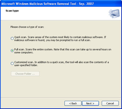 Malicious Software Removal Tool Scan Options