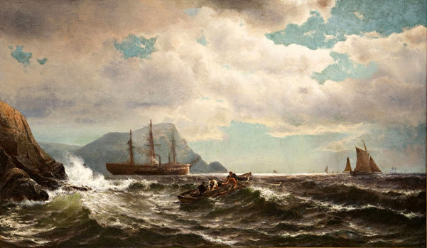Lobstermen With A Packet Ship And A Steam Tug In The Distance