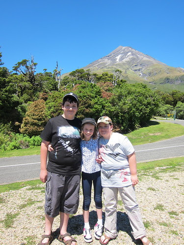 David, Caitlin and Tom in front of Mt Taranaki