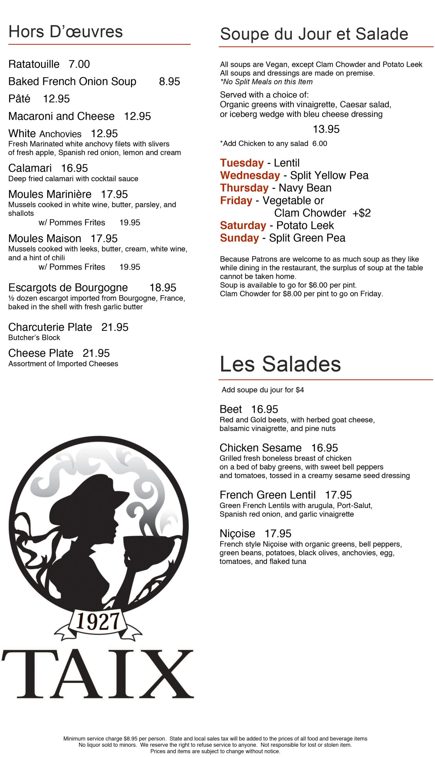 Dinner Menu Taix French Restaurant Los Angeles Echo Park Silverlake