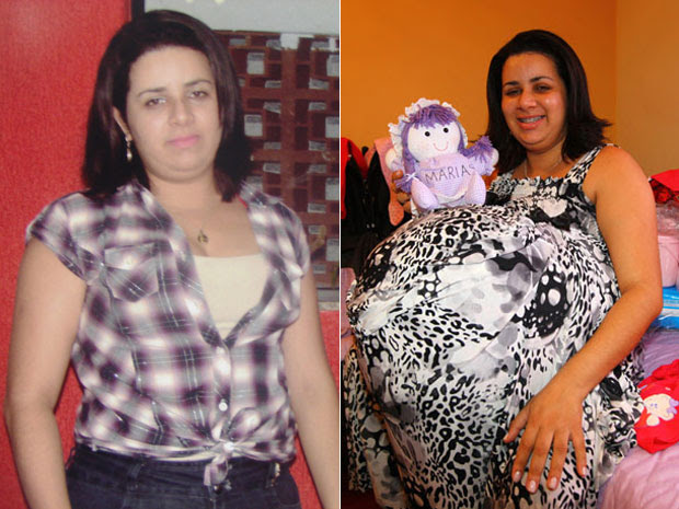 Mulher sem a barriga e antes, quando dizia esperar quadrigêmeos (Foto: (Fotos: Enilson de Castro/Divulgação e Rogério Marques/O Vale/AE))