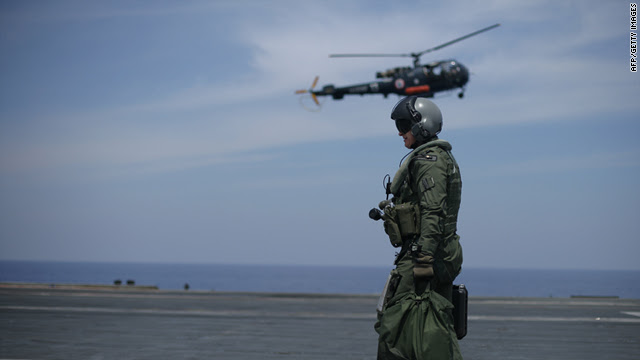 A French Navy pilot on the deck of the Charles de Gaulle aircraft carrier on April 21, 2011 in the Mediterranean sea.