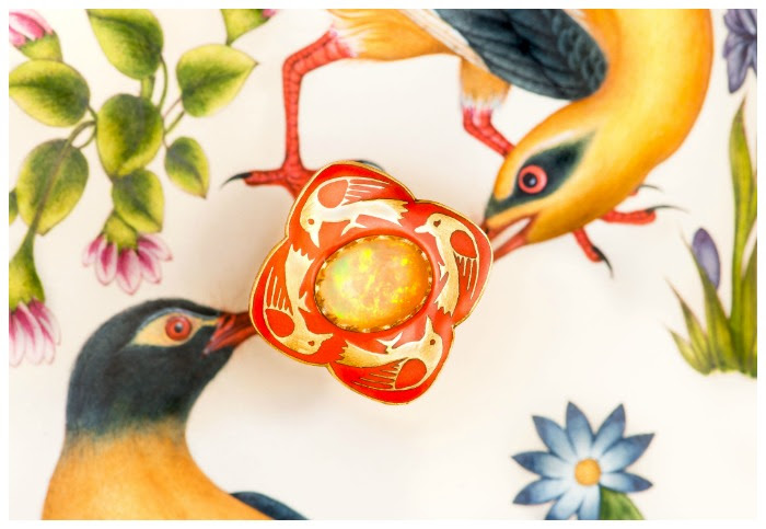 The Eastern Sunrise ring by Agaro Jewels. Shown with an opal.