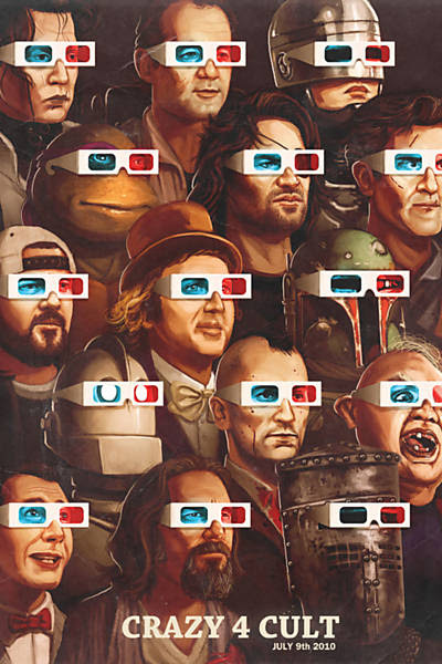 A cena do quadro (foto acima) reúne diversos personagens de filmes cult em um cinema 3D, entre eles Edward Mãos de Tesoura e o Robocop Leia Mais