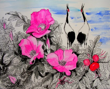 ハマナスとタンチョウ リンゴの花 水彩 イラスト画庫