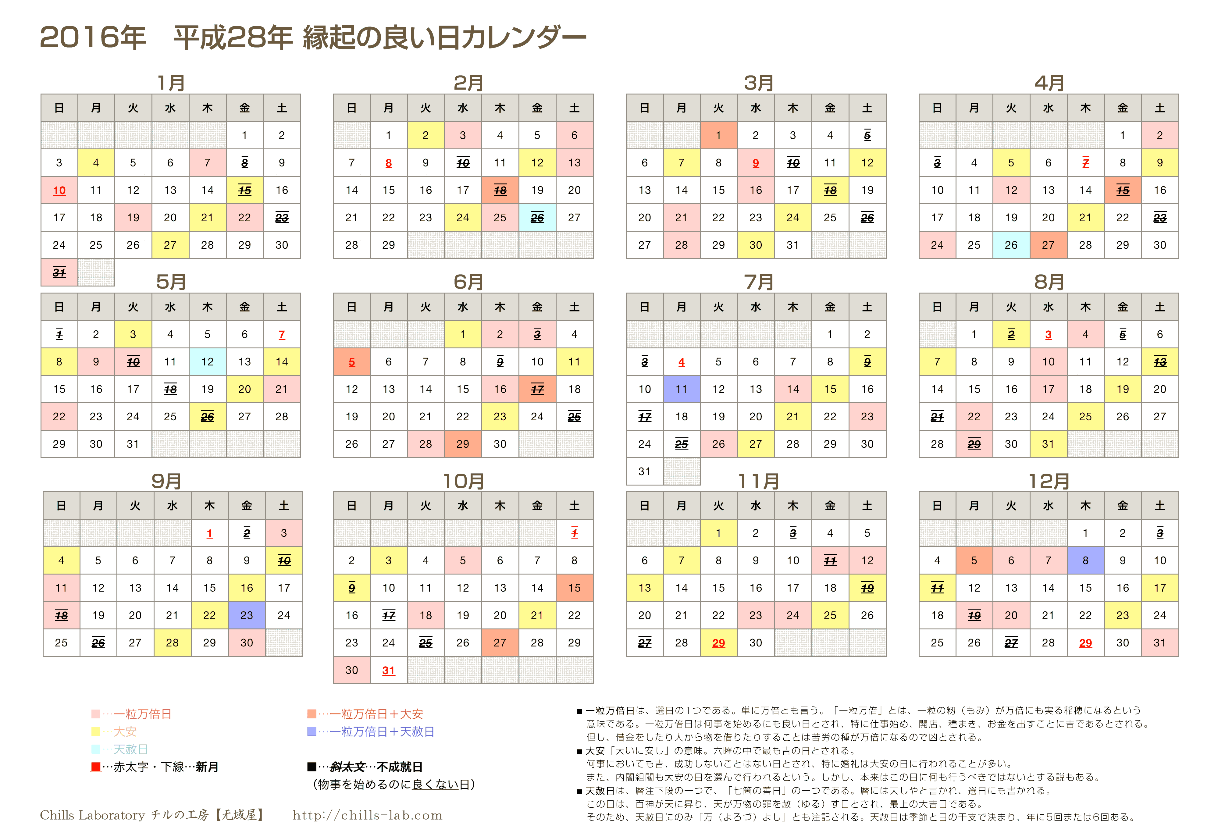 16年 平成28年の縁起のいい日のカレンダー チルの工房 无域屋