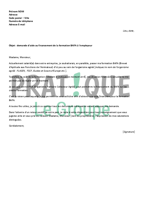 Lettre de demande de financement du BAFA à son employeur 