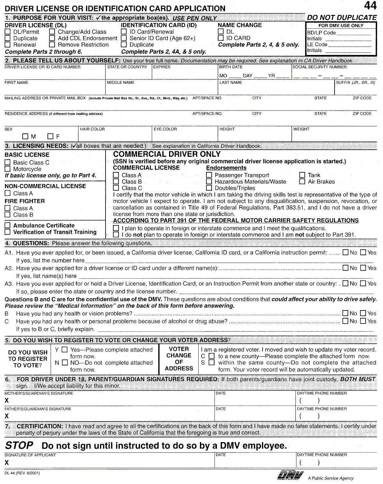 Page 1: Driver License or Identification Card Application
