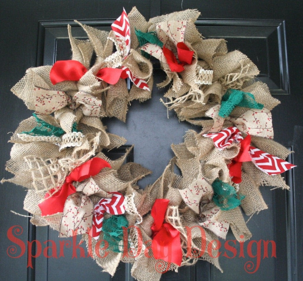 Christmas Wreath Burlap Holiday Wreath Red and Green Christmas Decoration Holiday Door Decoration Rustic Holiday Wreath Rag Wreath