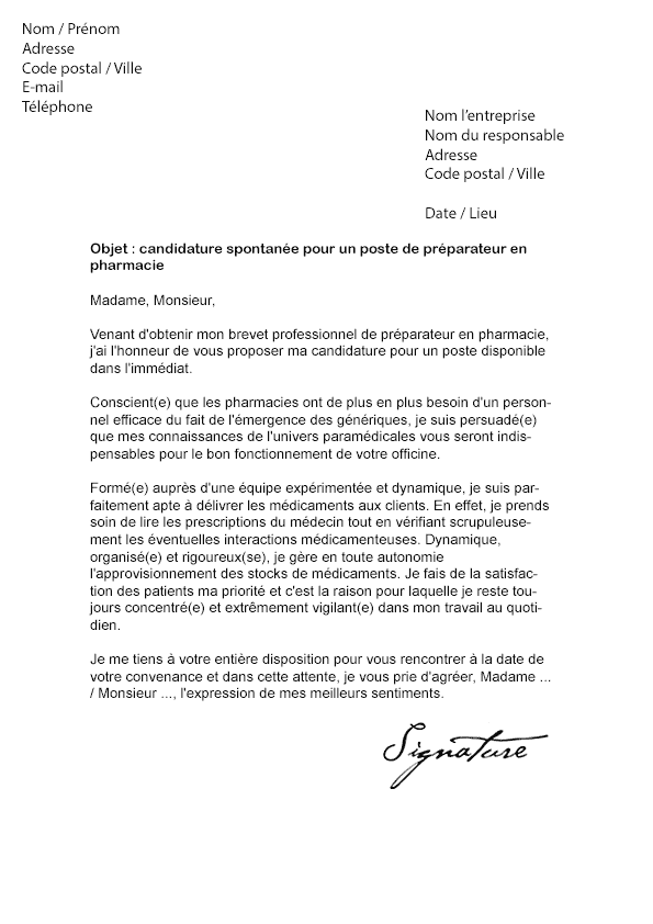Lettre de motivation Préparateur en pharmacie - Modèle de 