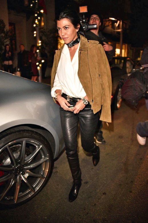 Le Fashion Blog Celebrity Style Kourtney Kardashian Tied Neck Scarf Brown Suede Jacket White Blouse Black Leather Pants Boots Via Harpers Bazaar