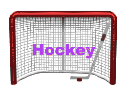 Animated clip art picture of hockey net hockey stick and hockey puck on the ice
