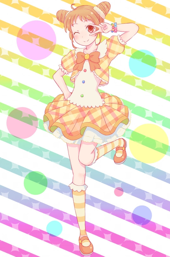 Tags: Anime, Check (Check Book), Aikatsu!, Arisugawa Otome, Striped Background, Orange Bow, Hand on Hip